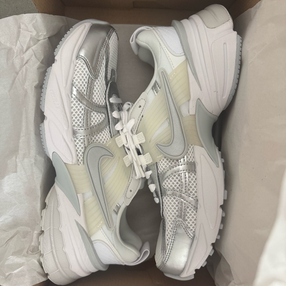 Women's White and Silver Nike V2K Run Shoes